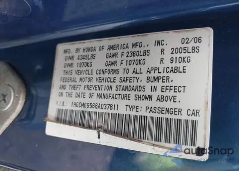 2006 Honda Accord 3.0 Ex из США, поврежденный, VIN 1HGCM66566A037811